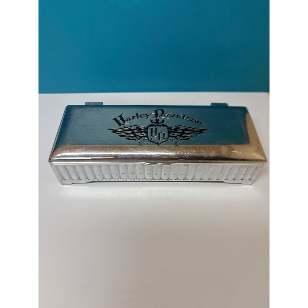 Harley-Davidson Silver Tone Jewelry Box Winged Logo Mirror Velvet Lined Biker